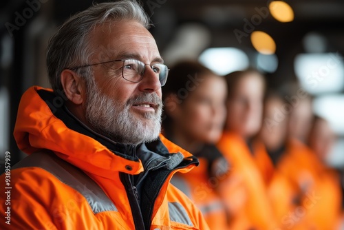 Homme senior expliquant la  sécurité et la protection civile pendant une formation. Senior man explaining safety and civil protection during a training session.