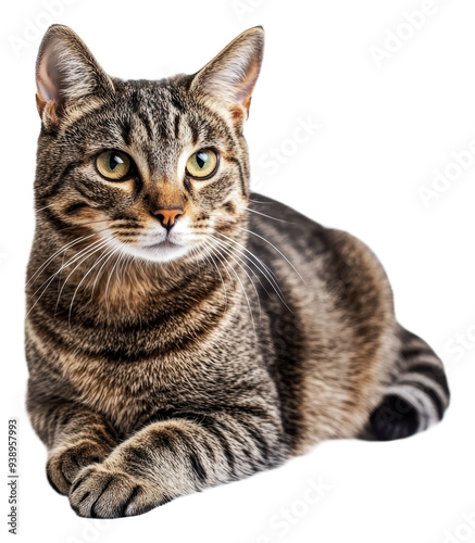PNG Tabby cat resting comfortably on a white surface