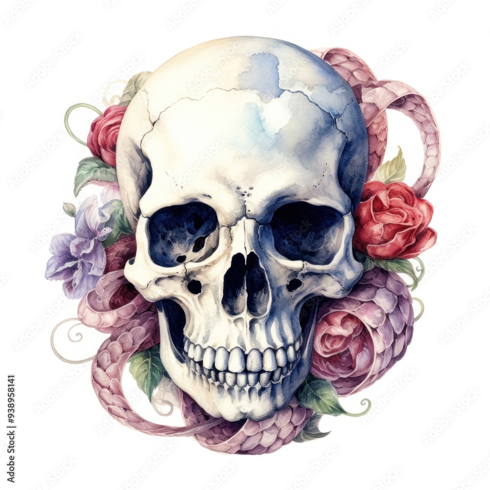 Fototapeta premium A beautifully detailed skull surrounded by colorful flowers, merging elements of life and death in a striking, artistic composition.
