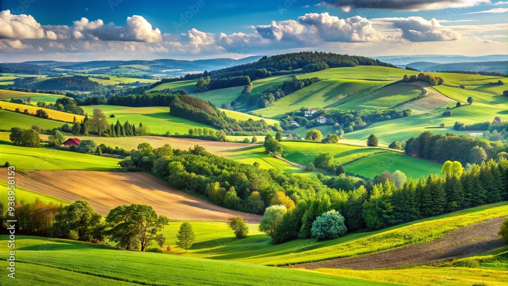 Obraz premium Rolling hills and lush green fields stretch into the distance under a bright blue sky in the picturesque Kraków-Częstochowa Upland region of southern Poland.