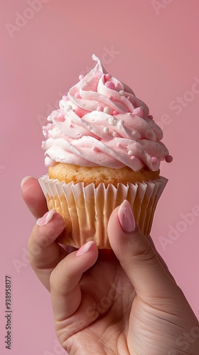 A hand delicately holds a cupcake adorned with fluffy pink frosting, set against a pink backdrop, emphasizing sweetness and delight.