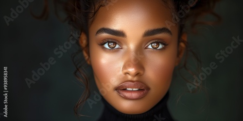  young 25 year brown-skinned girl with brown eyes, full lips and perfect skin. Hair pulled in a bun. Wearing black turtleneck, looking in to the camera, dark background, soft studio lighting