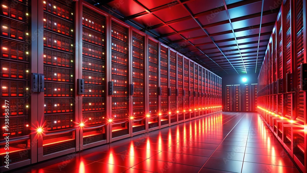 Row of powerful red-lit servers stand tall in a sleek, modern data center, their rhythmic blinking lights and wires creating a mesmerizing technological landscape. Row of powerful red-lit servers stand tall in a sleek, modern data center, their rhythmic blinking lights and wires creating a mesmerizing technological landscape.