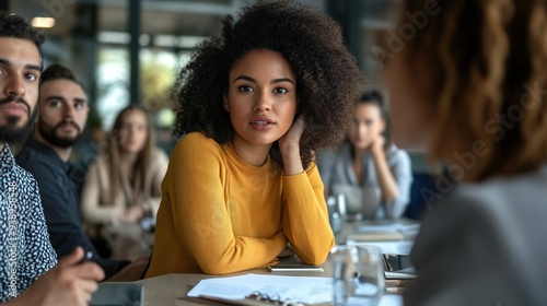 Serious team leader talking to diverse business people at a meeting, focusing on strategic planning