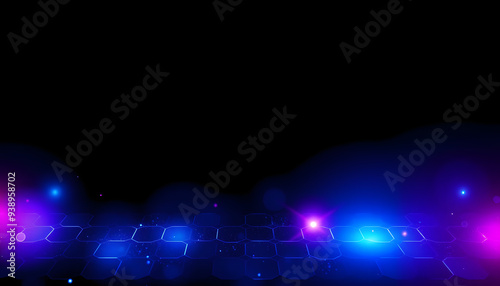 Dark hexagonal technology abstract vector background with blue and pink colored bright flashes under hexagon. Hexagonal gaming vector abstract background isolated with white highlights, png photo