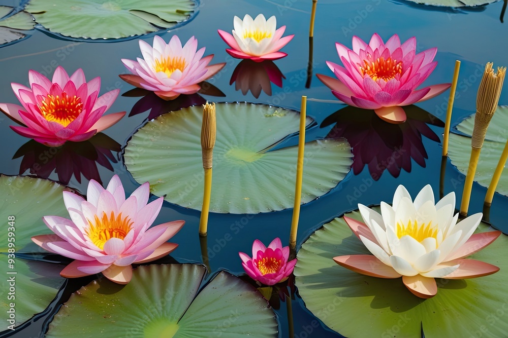 Vibrant Aquatic Blossoms Collection Featuring Water Lilies, Lotus Flowers, and Papyrus Stems on a Clear Background Vibrant Aquatic Blossoms Collection Featuring Water Lilies, Lotus Flowers, and Papyrus Stems on a Clear Background