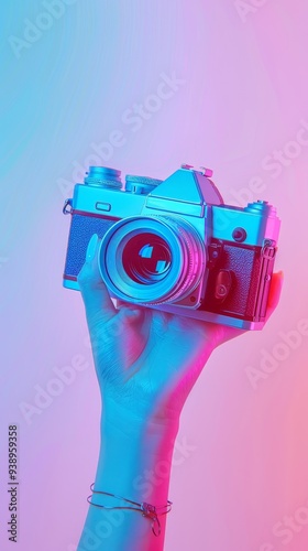 A hand holding a vintage camera framed by a blue and pink gradient background. This image showcases a mix of artistry and nostalgia in photography.