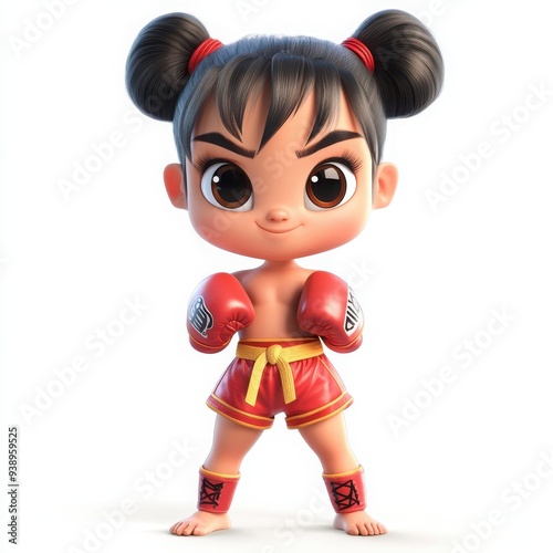 Cute cartoon girl Muay Thai fighter, large head, big eyes, friendly smile, chubby body, short limbs, vibrant design, appealing to children, clear white background.