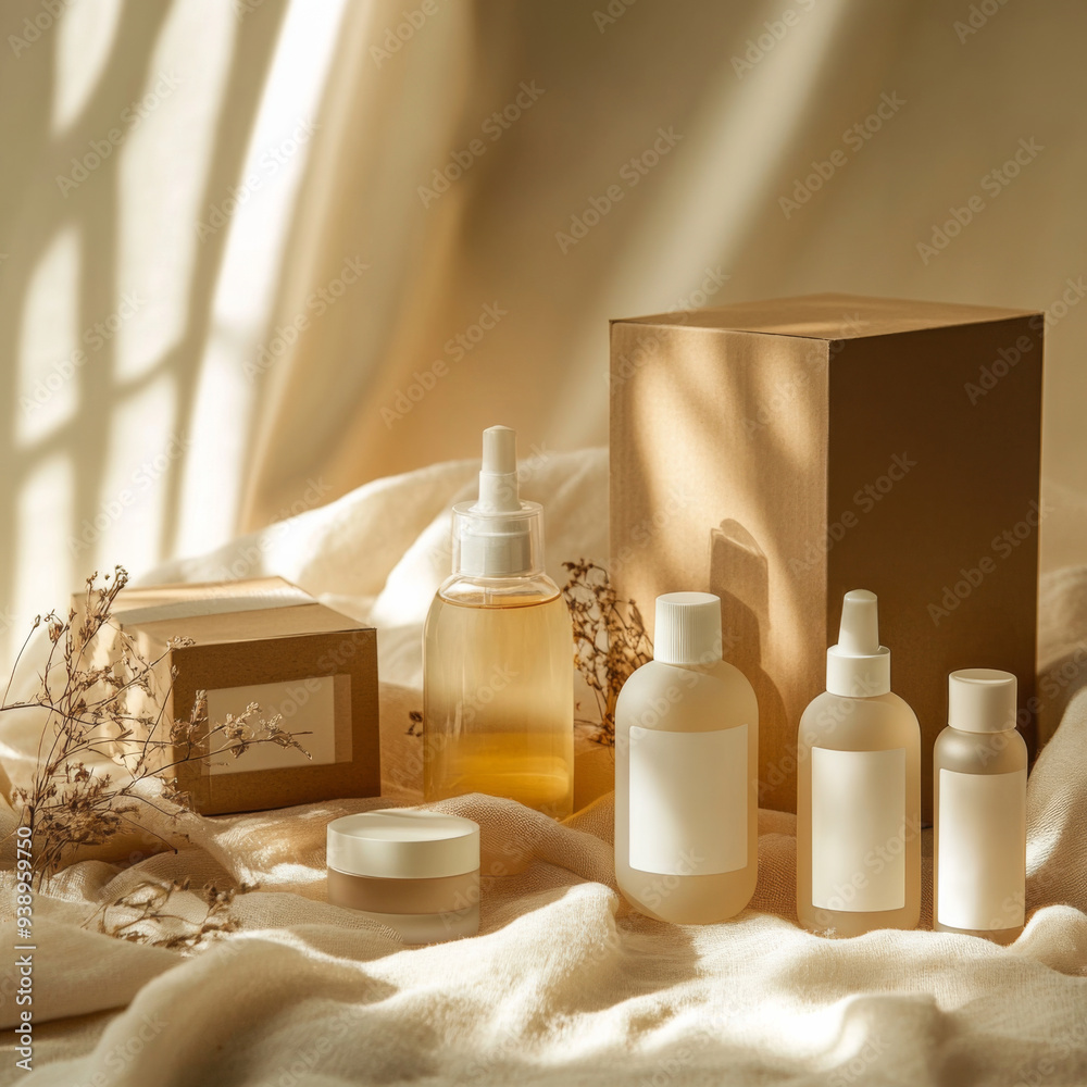 Aesthetic collection of skincare products arranged elegantly on soft fabric with natural light in a cozy indoor setting during the afternoon hours Aesthetic collection of skincare products arranged elegantly on soft fabric with natural light in a cozy indoor setting during the afternoon hours