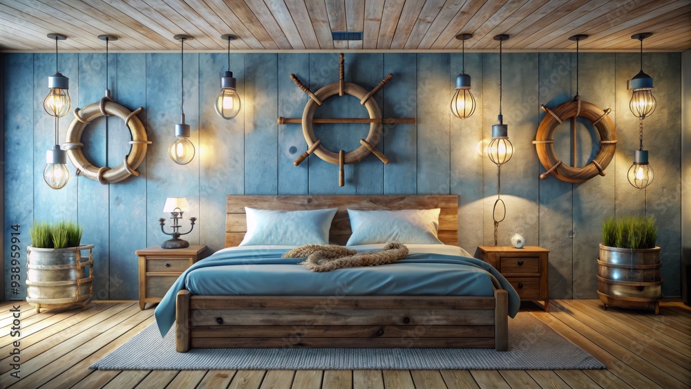 Obraz premium Rustic wooden bed frame with anchors, ropes, and life rings adorning the walls and ceiling in a serene, ocean-inspired bedroom with soft blue lighting.