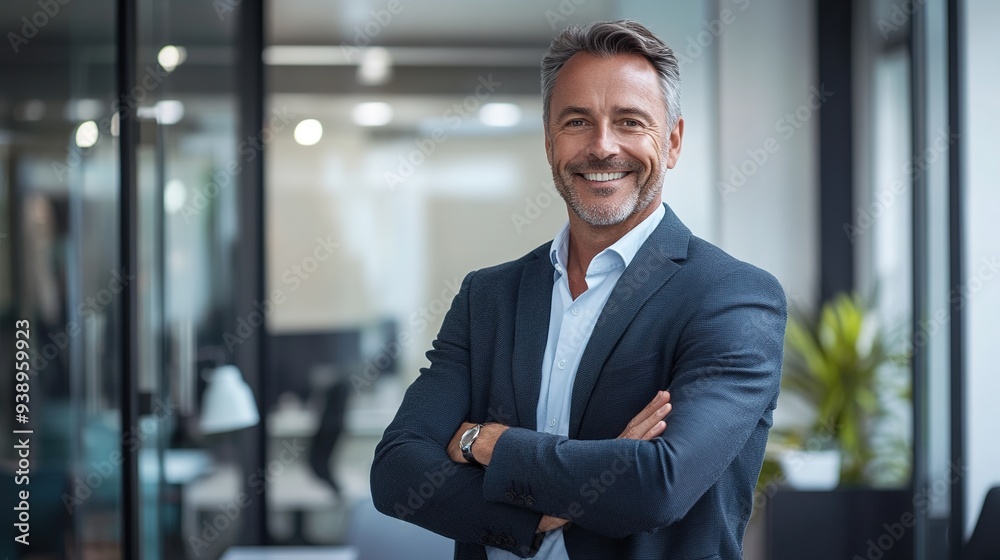 Smiling confident mature businessman standing in office, arms crossed, professional portrait, copy space Smiling confident mature businessman standing in office, arms crossed, professional portrait, copy space