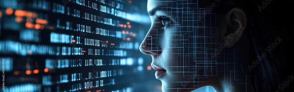 A female IT expert analyzes data amid augmented reality AI threat visuals A female IT expert analyzes data amid augmented reality AI threat visuals