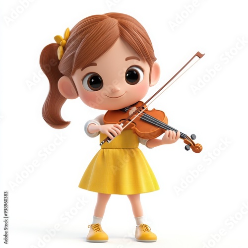 Cartoon Girl Playing Violin, a charming 3D illustration of a cute girl with a large head and big eyes, exuding friendliness, set against a clear white background, designed to delight children photo