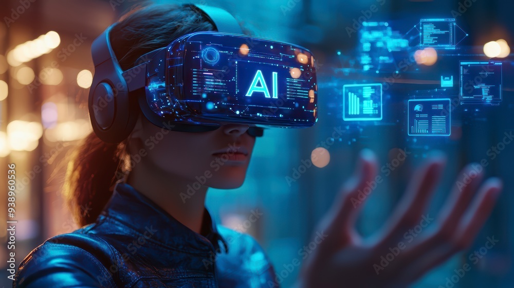 A person in a VR headset interacts with AI and holograms, showing the use of technology in business A person in a VR headset interacts with AI and holograms, showing the use of technology in business