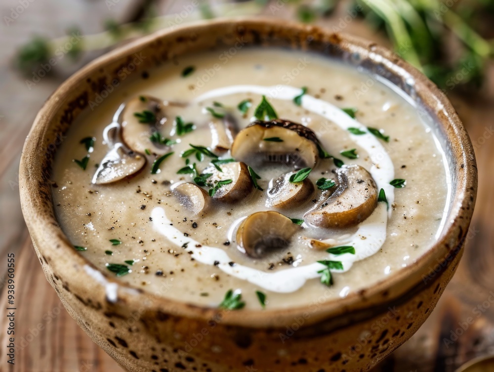 French cream of mushroom soup, creamy and elegant, served in a rustic, elegant bowl. French cream of mushroom soup, creamy and elegant, served in a rustic, elegant bowl.