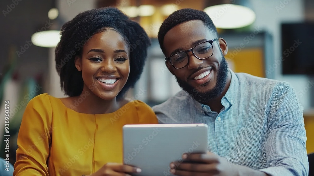 Smiling young African American professionals working together with a digital tablet in an office, representing collaboration Smiling young African American professionals working together with a digital tablet in an office, representing collaboration