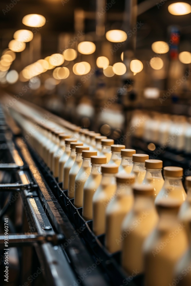 Inside the milk factory, the conveyor belt is filled with rows and rows of pudding bottles of milk, with no design on the sides of the glass bottles. Inside the milk factory, the conveyor belt is filled with rows and rows of pudding bottles of milk, with no design on the sides of the glass bottles.