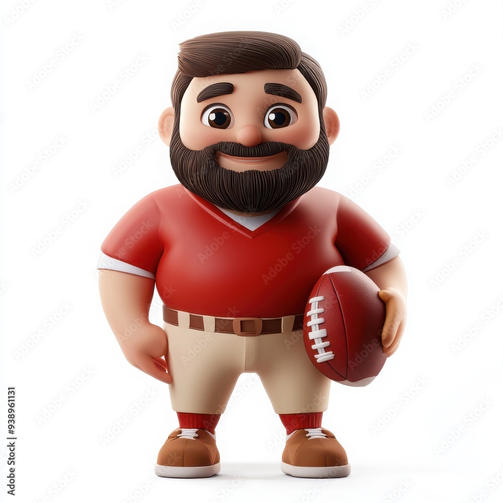 Cartoon Football Player Character, a cheerful chubby man with a large head, big eyes, friendly smile, beard, short limbs, vibrant colors, appealing to children, clear background Cartoon Football Player Character, a cheerful chubby man with a large head, big eyes, friendly smile, beard, short limbs, vibrant colors, appealing to children, clear background