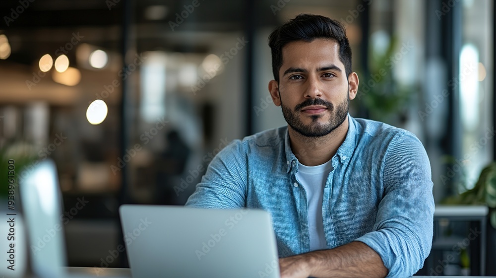 Obraz premium businessman working on a laptop in a modern office, focusing on e-commerce