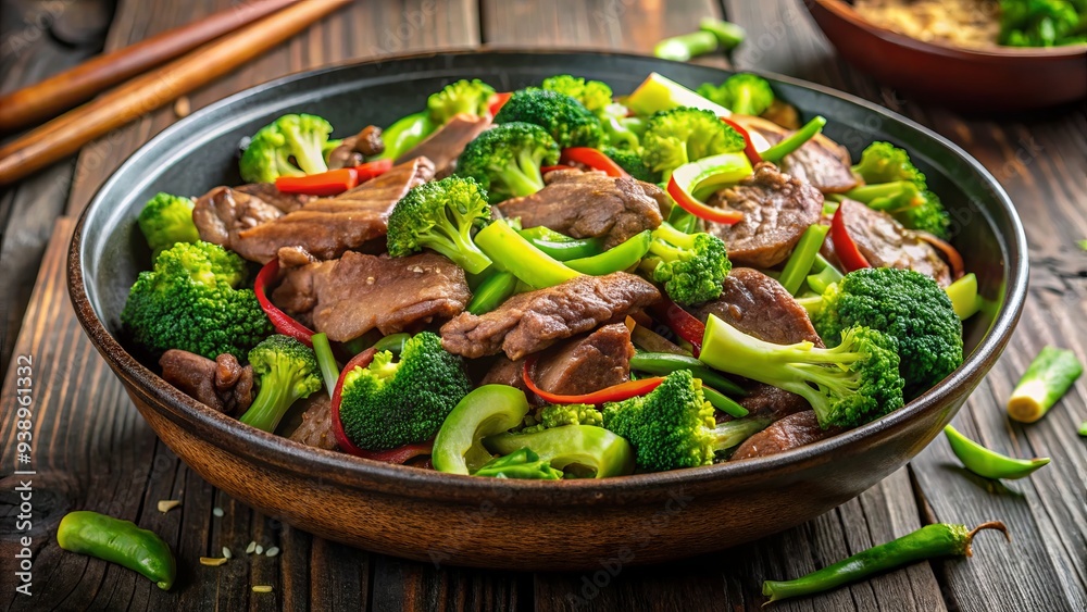 Savory stir-fry dish featuring tender beef strips, crisp broccoli florets, and vibrant green onions, served steaming hot in a traditional Chinese takeaway container. Savory stir-fry dish featuring tender beef strips, crisp broccoli florets, and vibrant green onions, served steaming hot in a traditional Chinese takeaway container.
