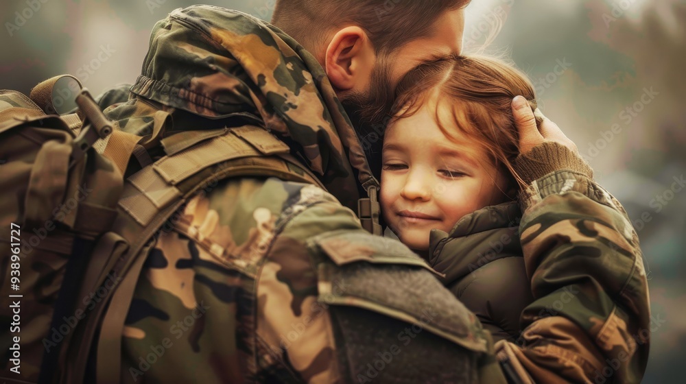 An emotional reunion as a soldier in camouflage embraces his young child warmly, highlighting love and family bonds in military life.