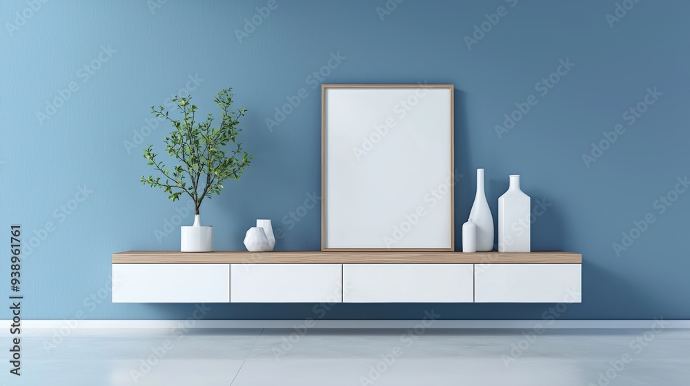 custom made wallpaper toronto digitalBlank Picture Frame Mockup with Floating Shelf and Minimalist Decor on Blue Wall