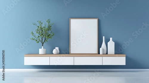 Wallpaper Mural Blank Picture Frame Mockup with Floating Shelf and Minimalist Decor on Blue Wall Torontodigital.ca
