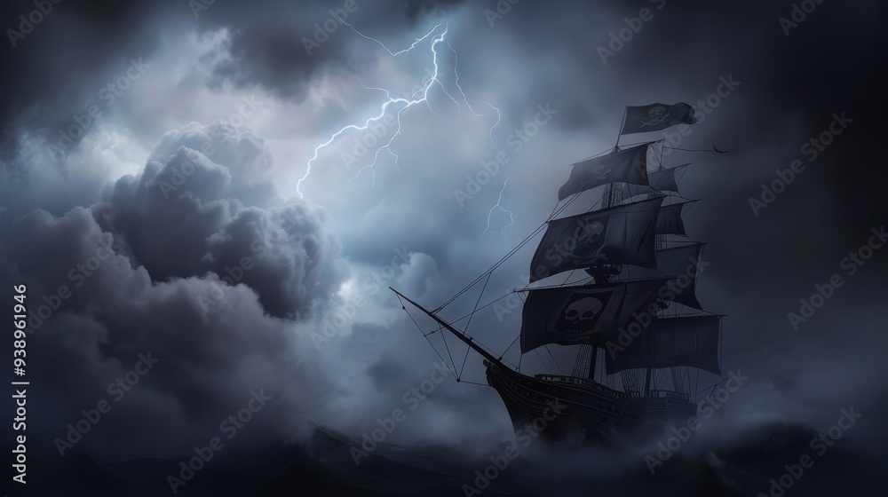 Fototapeta premium Dramatic image of an old sailing ship in a fierce thunderstorm at sea, with lightning illuminating the dark clouds and waves crashing.