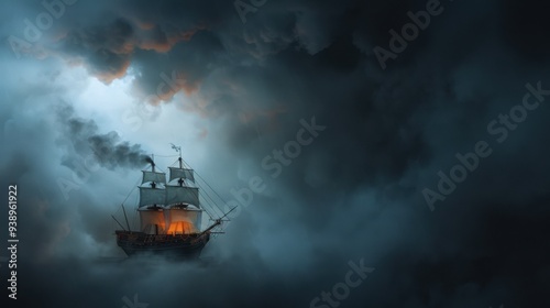 Dramatic image of an old sailboat on fire under a stormy sky, capturing the essence of adventure and peril on the high seas.