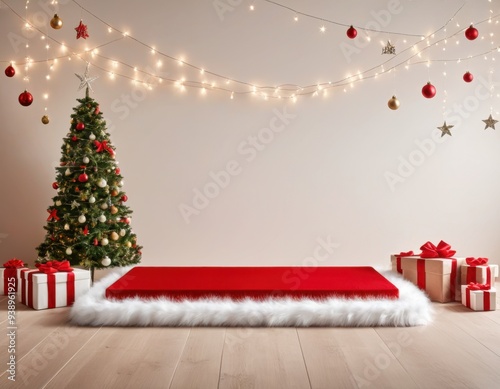 Festive product podium with miniature Christmas trees, gifts, and holiday decor. Twinkling lights and evergreen garlands create a magical scene. photo