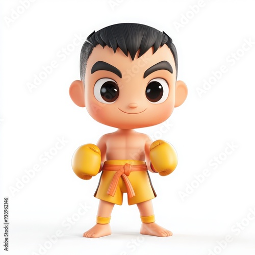 Charming Cartoon Muay Thai Fighter, vibrant 3D illustration featuring a friendly, chubby character with a large head and big eyes, designed to appeal to children, set against a clear white background