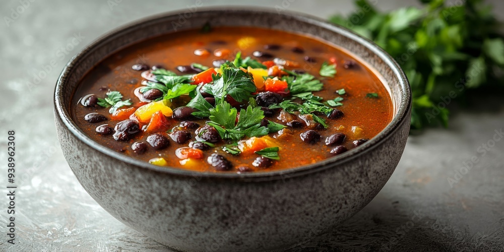 Bowl of black bean soup on a neutral white table. Bowl of black bean soup on a neutral white table.