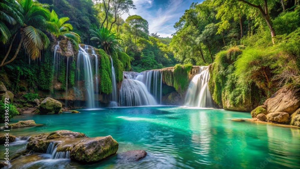 Serene Cambugahay Falls in Siquijor, Philippines, surrounded by lush greenery and vines, cascades down rocky cliffs into a tranquil turquoise pool. Serene Cambugahay Falls in Siquijor, Philippines, surrounded by lush greenery and vines, cascades down rocky cliffs into a tranquil turquoise pool.