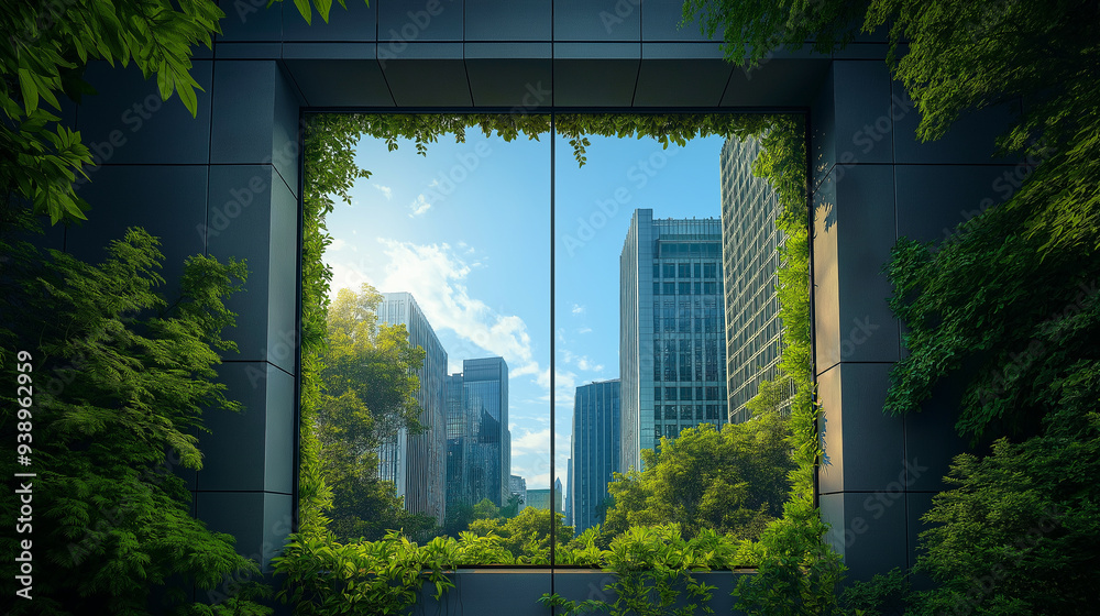 Urban Oasis - Green View from a Modern Building Window Urban Oasis - Green View from a Modern Building Window