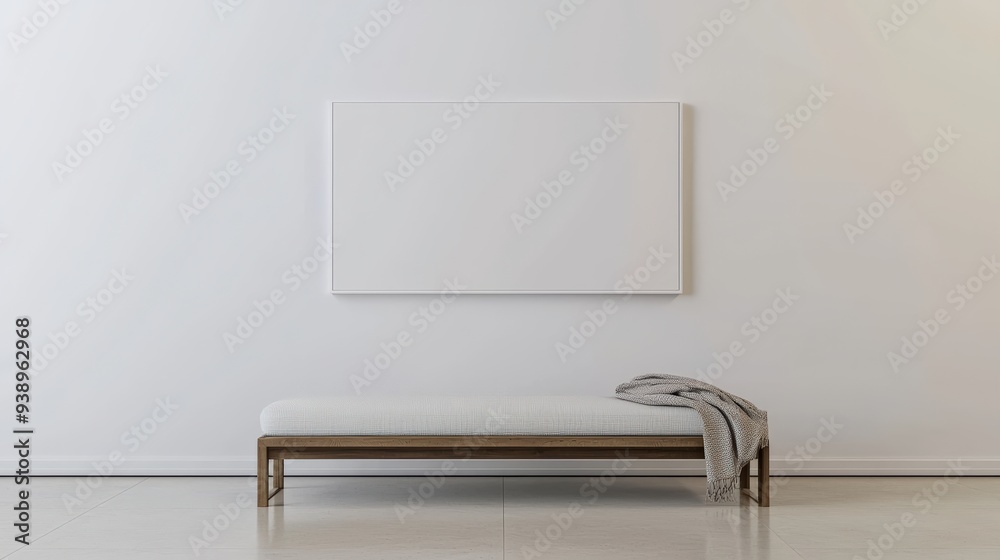 Minimalist Gallery Interior Mockup with Empty Canvas, White Wall, and Wooden Bench
