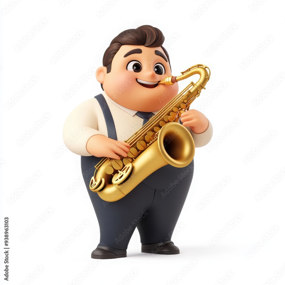 Fototapeta premium Charming Cartoon Saxophonist, a whimsical 3D character with a large head, big eyes, friendly smile, chubby body, and vibrant colors, set against a clear white backdrop.