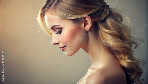 Serene feminine profile with delicate features, soft focus, gentle light, and subtle smile, conveying warmth, elegance, and quiet confidence, against a neutral background.