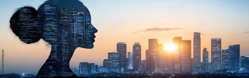 Fototapeta premium A silhouette of a man blends with a bustling city skyline during sunset