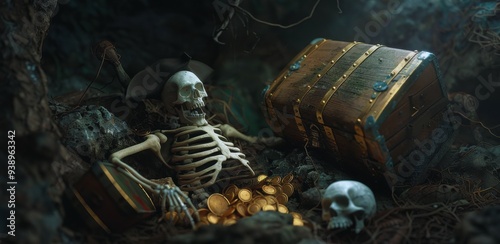 Skeleton with treasure chest in a dark cave, depicting a pirate's demise and hidden riches. photo