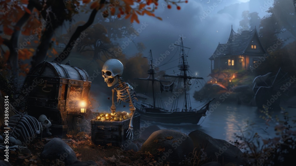 Spooky nighttime scene with skeleton finding treasure chest, pirate ...
