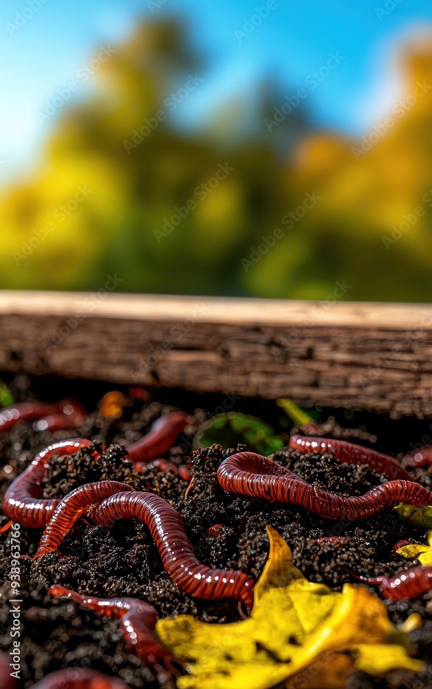 Obraz premium A close-up view of earthworms in rich soil, showcasing nature's recycling process against a blurred autumn backdrop.