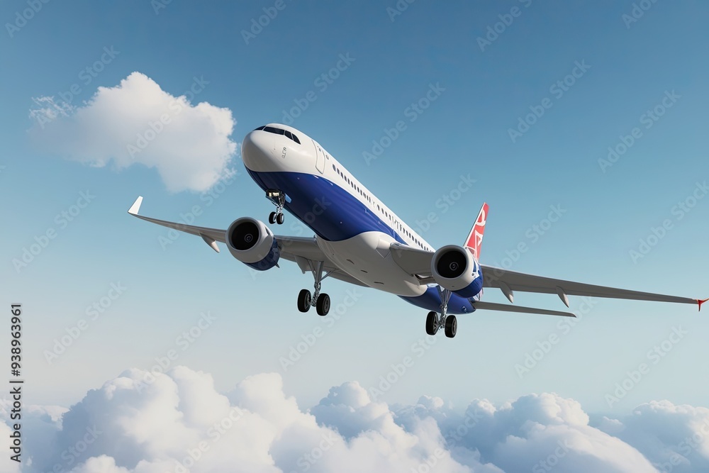 Obraz premium Elegant 3D Render of Airplane Ascending Against Clear White Background