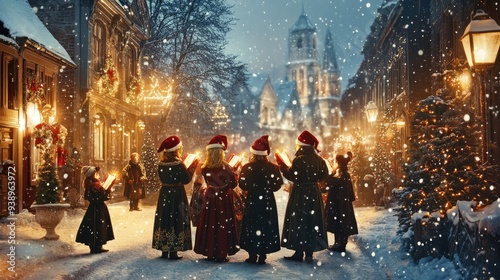 Christmas Carolers in a Snowy Town