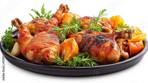 A roasted chicken garnished with herbs, representing comfort food, gourmet dining, and home-cooked meals.