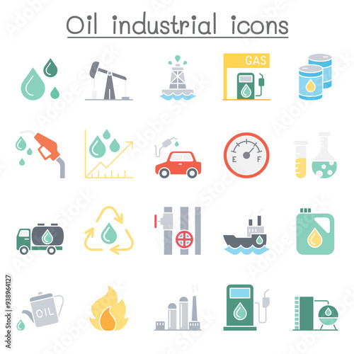 Oil industrial icons set in flat color style