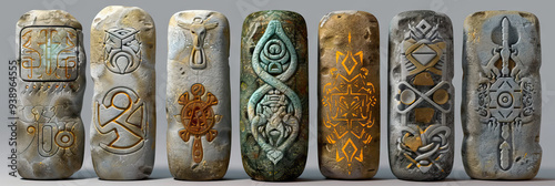 Ancient Artifacts of Wisdom: A collection of carved stones, each bearing intricate symbols and designs. photo