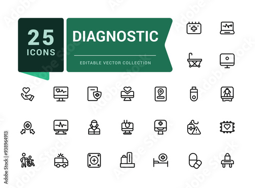 Diagnostic icon collection. Set of outline icons related to healthcare, medical, medicine. Minimalist thin linear web ui icon set. Simple editable vector stroke illustration.