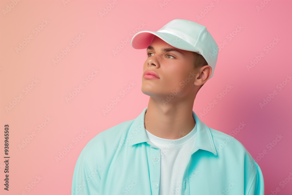 Portrait of a young gay man in a light blue shirt and white cap, looking off to the side. The soft pink and pastel background enhances the clean and modern aesthetic of the image.