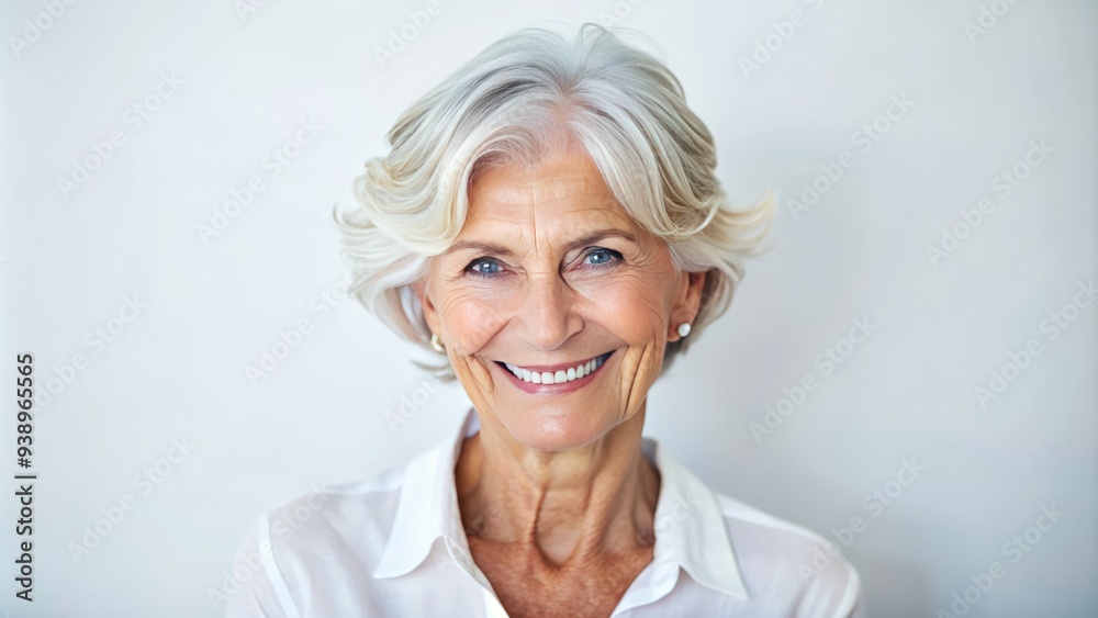 Serene senior adult with silver hair and warm smile posing against a pristine white background, exuding wisdom and gentle elegance. Serene senior adult with silver hair and warm smile posing against a pristine white background, exuding wisdom and gentle elegance.