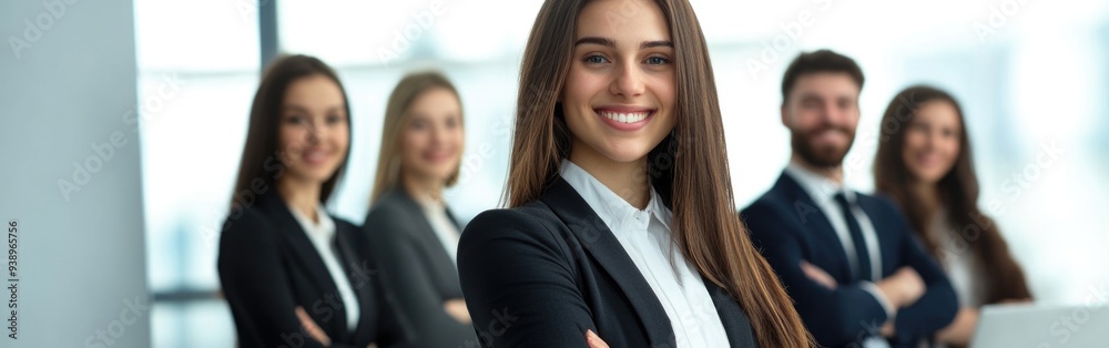A confident business team stands smiling in suits, demonstrating unity and professionalism A confident business team stands smiling in suits, demonstrating unity and professionalism